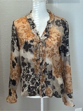 Apostrophe Floral Ruffle Button-Down Blouse in Beige and Black